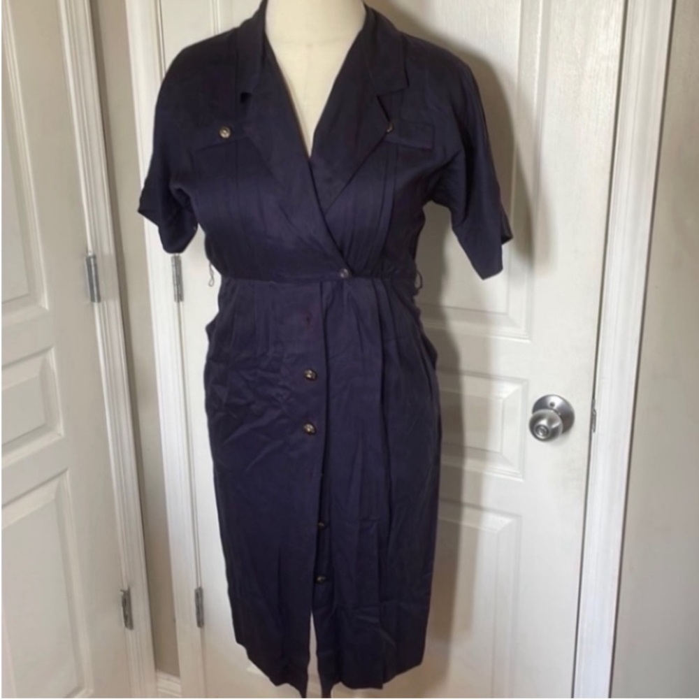 Vintage StudioI Shirt Dress Navy Blue Collar Utility Button Down 80s USA Pockets - Picture 14 of 17